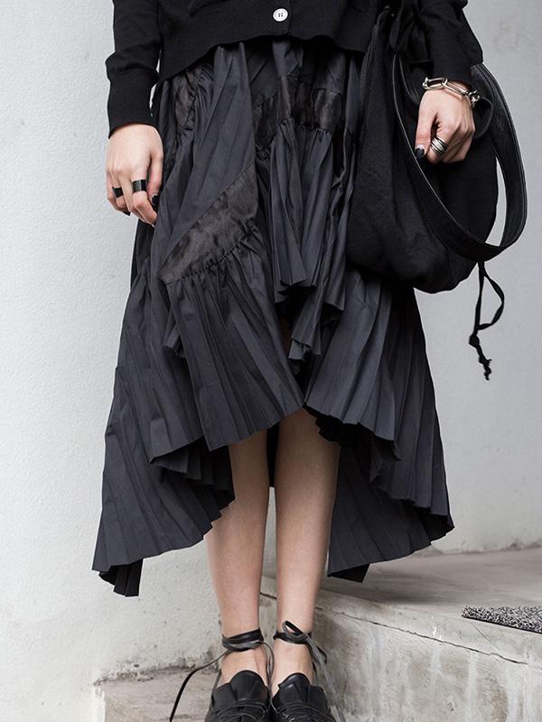 Black Hollow Irregular Fold Skirt