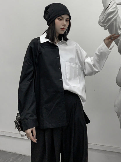 Stylish Contrast Color Split-Joint With Pocket Buttoned Lapel Color Long Sleeves Blouse