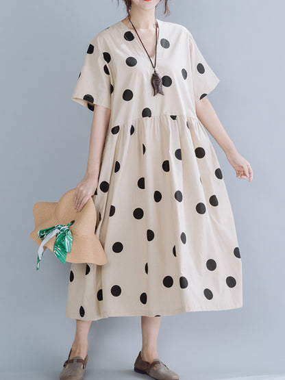 Simple Asymmetric Polka-Dot V-Neck Loose Short Sleeves Midi Dress