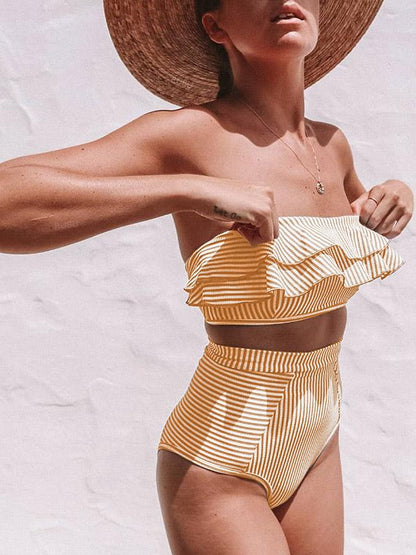 Striped Ruffled With High Waist Bikini Set