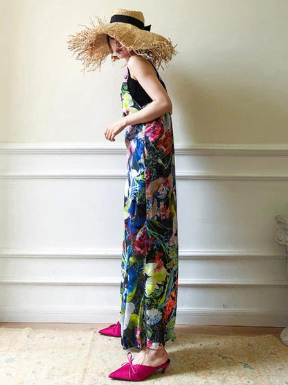 Retro Flower Printed V-neck Jumpsuit