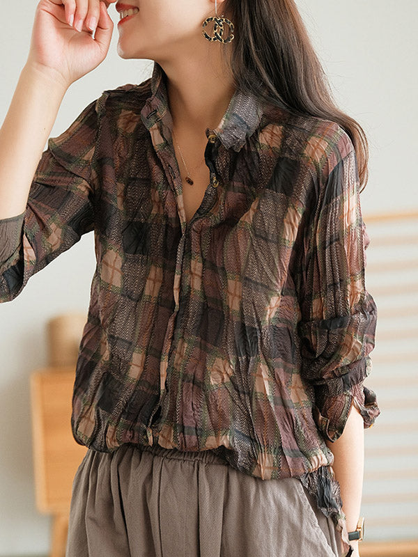 Vintage Printed Buttoned Pleated Lapel Long Sleeves Blouse Tops