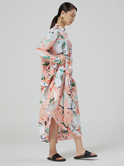 Stylish Buttoned Printed Loose Long Sleeves Midi Dress