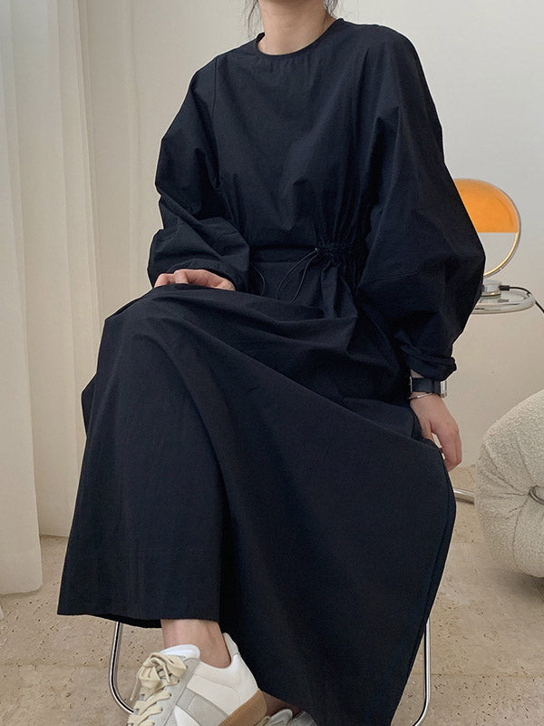 Simple Solid Color Round-Neck Pleated Long Sleeves Midi Dress