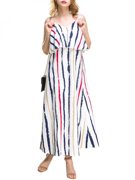 Printed Falbala Spaghetti-neck Maxi Dress