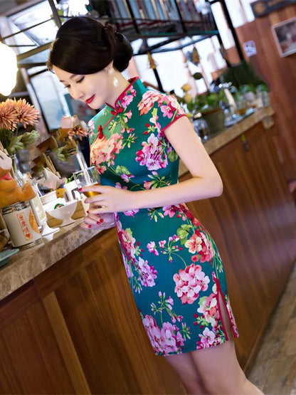 Green Flower Side Split Short Cheongsam