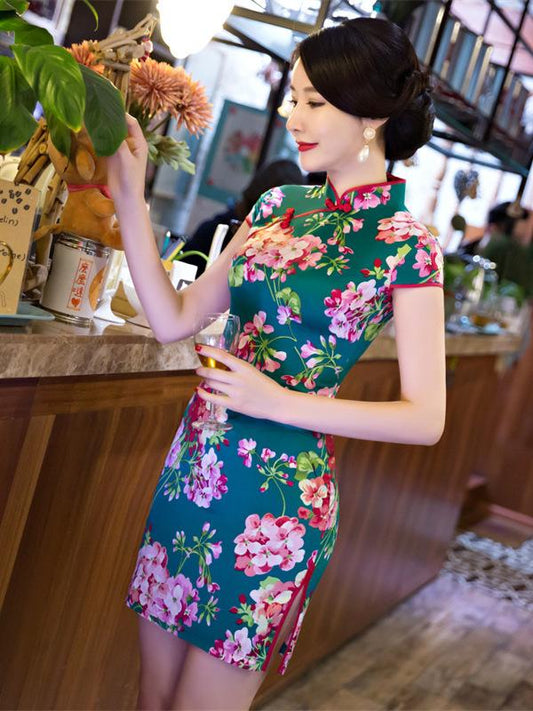 Green Flower Side Split Short Cheongsam
