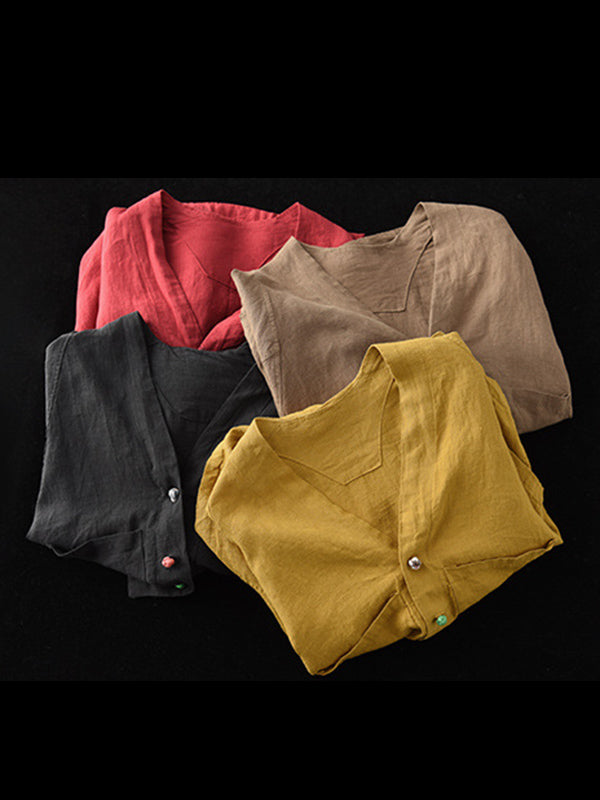 Casual V-Neck Linen Batwing Sleeves Outerwear