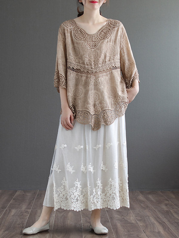 Cotton Blend Embroidered  Hollow V-Neck T-Shirts Tops