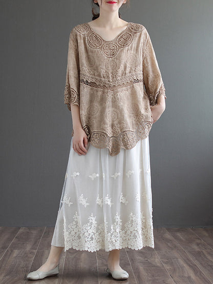 Cotton Blend Embroidered  Hollow V-Neck T-Shirts Tops