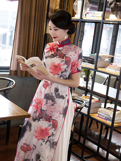 Lotus Print Split-side Ao Dai Long Cheongsam