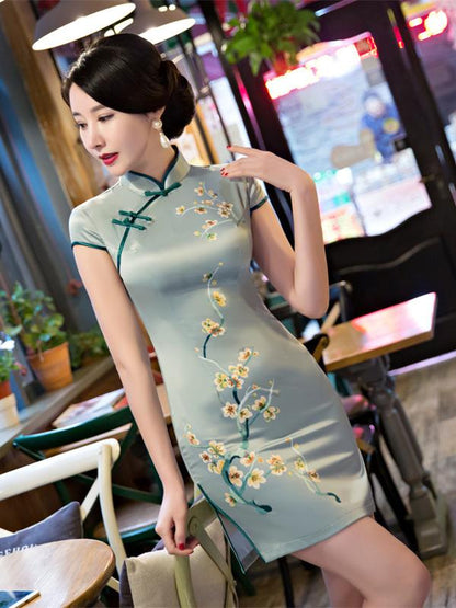 Simple Green Floral Side Split Short Cheongsam
