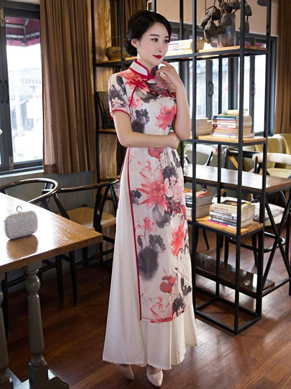 Lotus Print Split-side Ao Dai Long Cheongsam