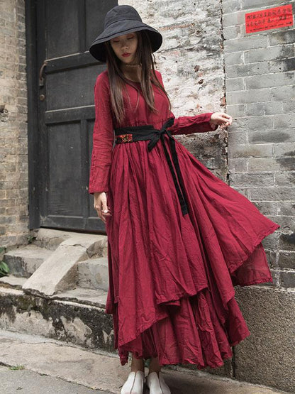 Cotton Solid Split-joint Ramie Cotton Big Hemline Long Dress