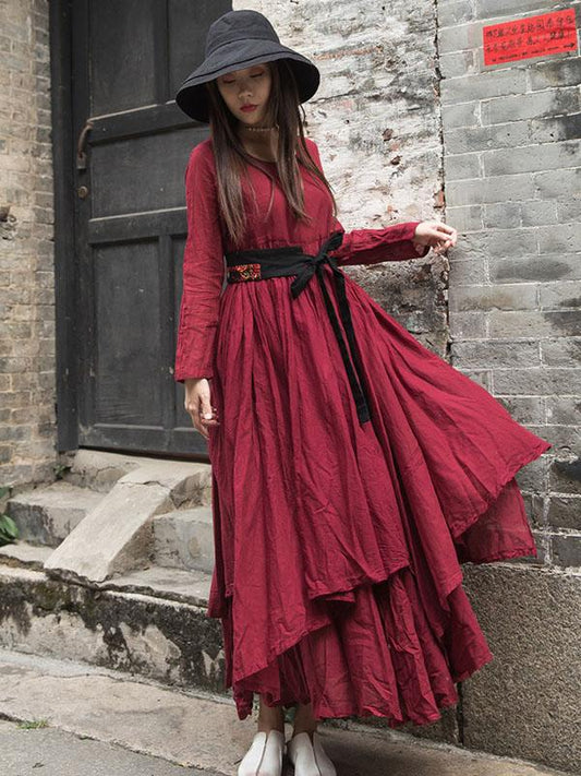 Cotton Solid Split-joint Ramie Cotton Big Hemline Long Dress