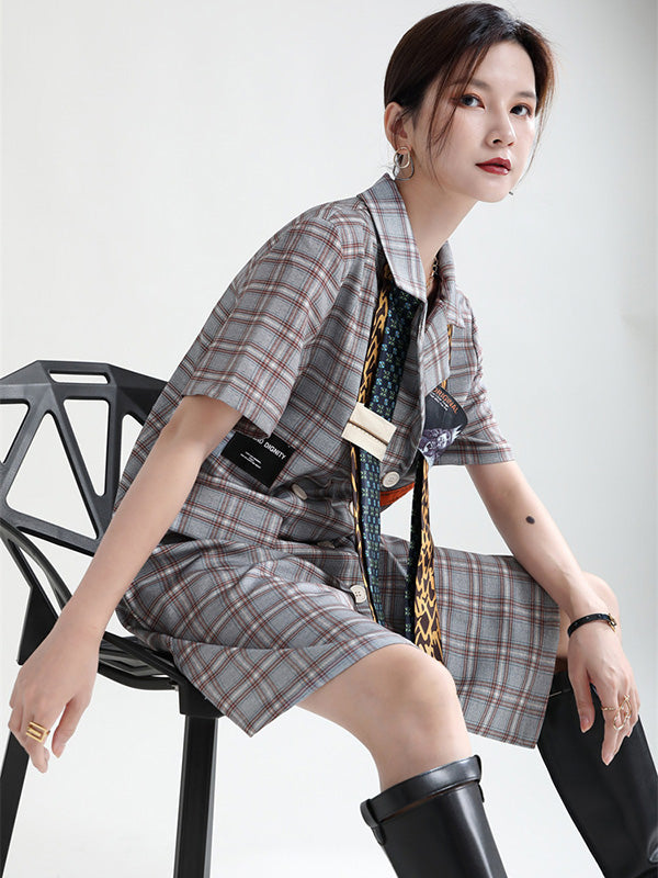 Urban Asymmetric Plaid Double Breasted Notched Collar Short Sleeves Mini Dress