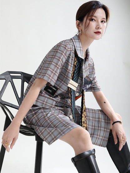 Urban Asymmetric Plaid Double Breasted Notched Collar Short Sleeves Mini Dress
