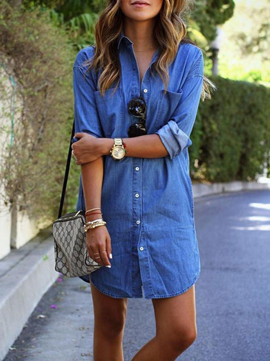 Classical Blue Long Sleeve Stand Neck Long Blouse Shirt Tops