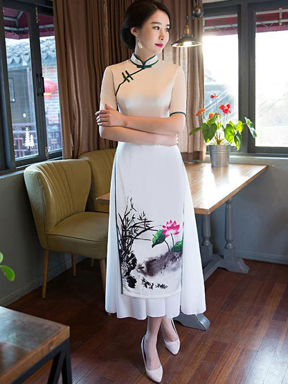Ink&Lotus Print Stand-collar Ao Dai Long Cheongsam