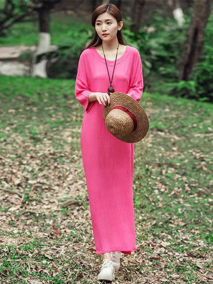 Red&Sky-blue&Pink Ramie Cotton Dress