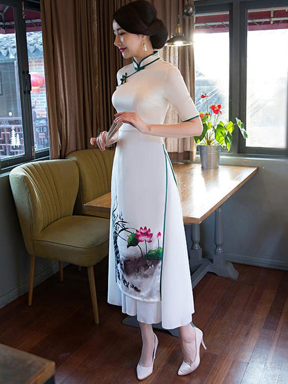 Ink&Lotus Print Stand-collar Ao Dai Long Cheongsam