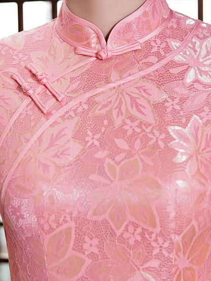 Pink&Gray Vintage Long  Cheongsam  Lace  Dress