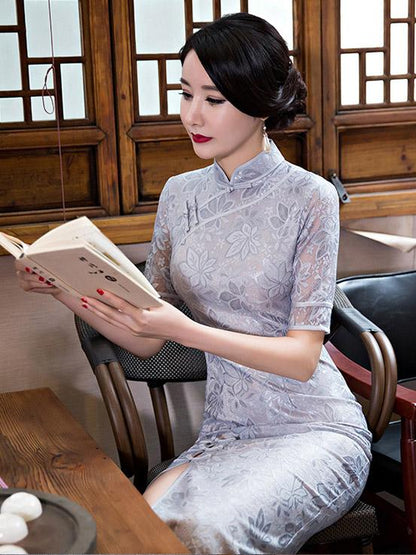 Pink&Gray Vintage Long  Cheongsam  Lace  Dress