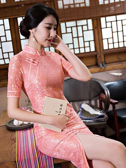 Pink&Gray Vintage Long  Cheongsam  Lace  Dress