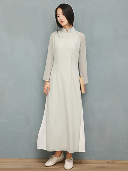 Light-Gray Split-side Long Ao Dai Cheongsam Dress