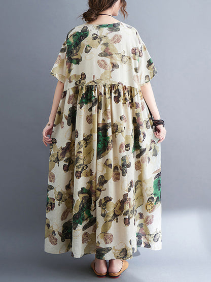 Original Artistic Retro Loose Pleated Floral Printed Midi Dress
