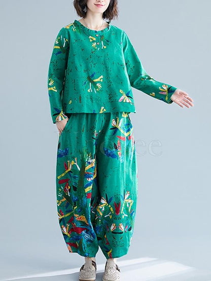 Casual Floral Printed Blouses&Pants Suits