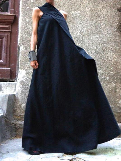 Navy Blue Split-joint Sleeveless Linen Dress