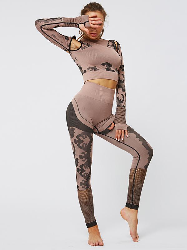 Leopard Print Long Sleeve Gym Sport Hoodie And Leggings Suit