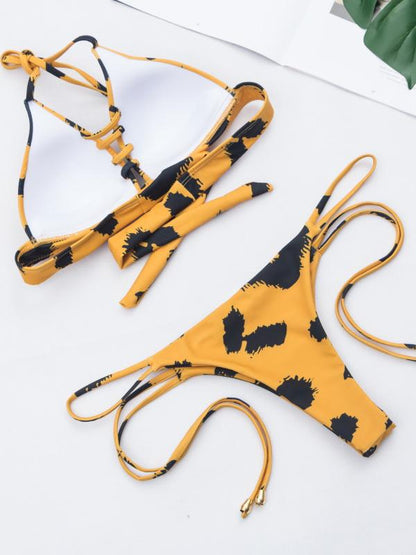 Yellow Printed Dull Bandage Bikinis Swimwear