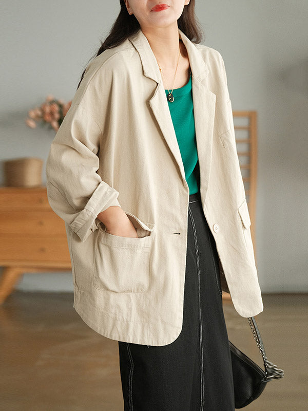 Simple Solid Color Notched Collar Batwing Sleeve Outerwear