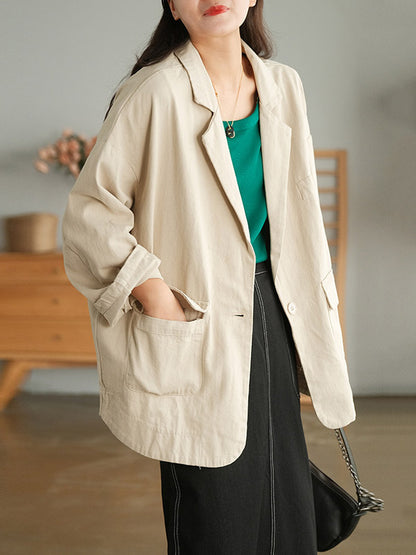 Simple Solid Color Notched Collar Batwing Sleeve Outerwear