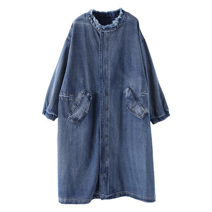 Buykud Spring Autumn Casual Solid Color Zipper Denim Coat
