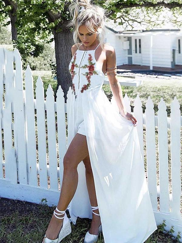 Fashion White Bohemia Floral Sleeveless Front Split Maxi Dress