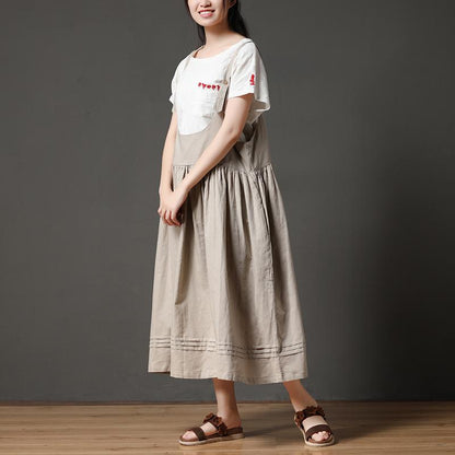 Beige Cotton Linen Loose Women Pleated Casual Dress