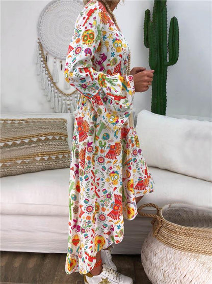 Plus Size Loose Printed Long Sleeve Midi Dress