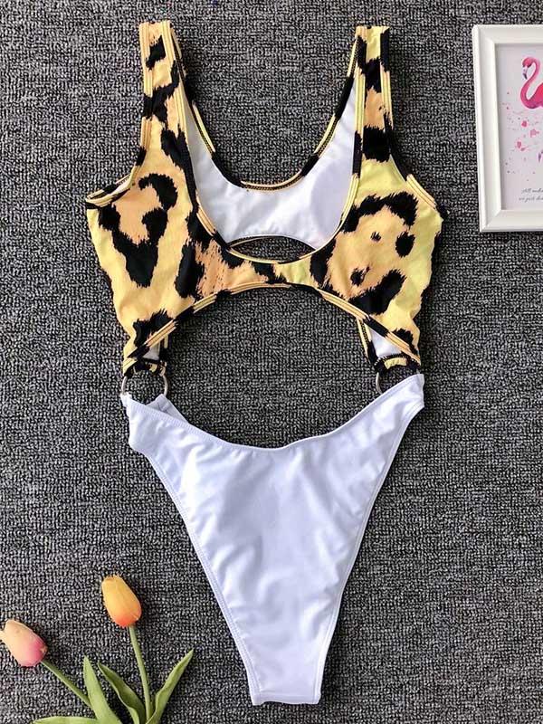 Contrast Snakeskin Leopard Hollow One-piece Swimsuit