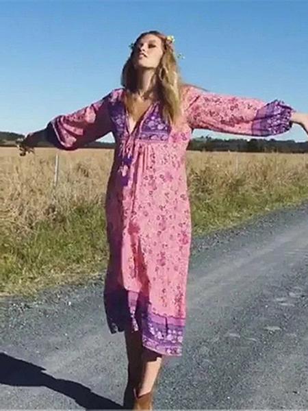 Pink Floral Long Sleeves Maxi Beach Bohemia Dress