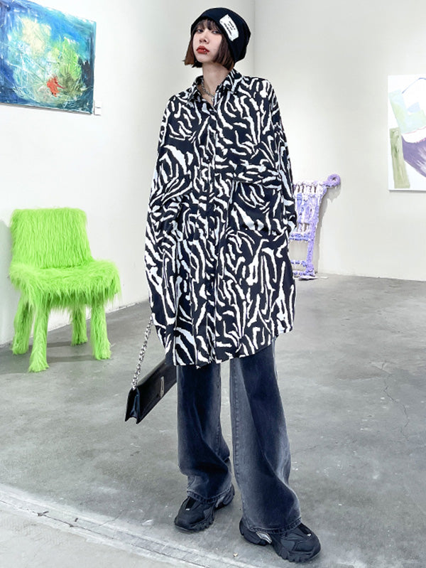 Stylish Printed Buttoned Batwing Sleeve Lapel Blouse Tops