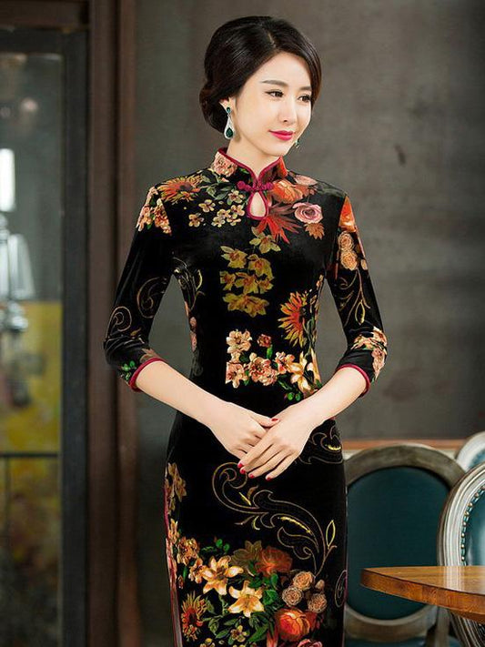 Velvet Flower Print Half Sleeves Long Cheongsam