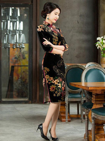 Velvet Flower Print Half Sleeves Long Cheongsam