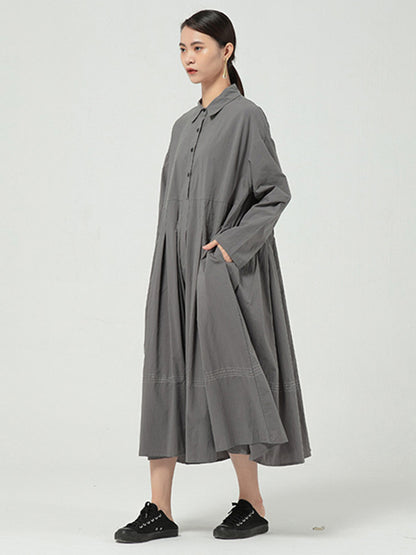 Casual Solid Color Buttoned Pleated Lapel Collar Long Sleeves Midi Dress