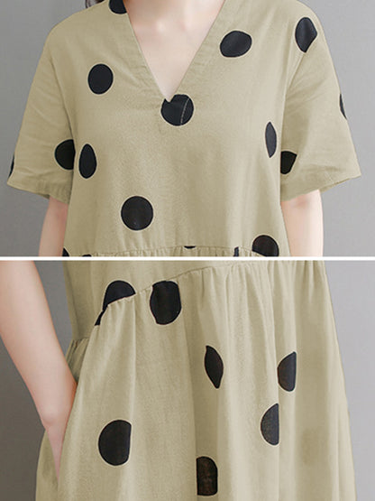 Original Polka-Dot Short Sleeve V-Neck Midi Dress