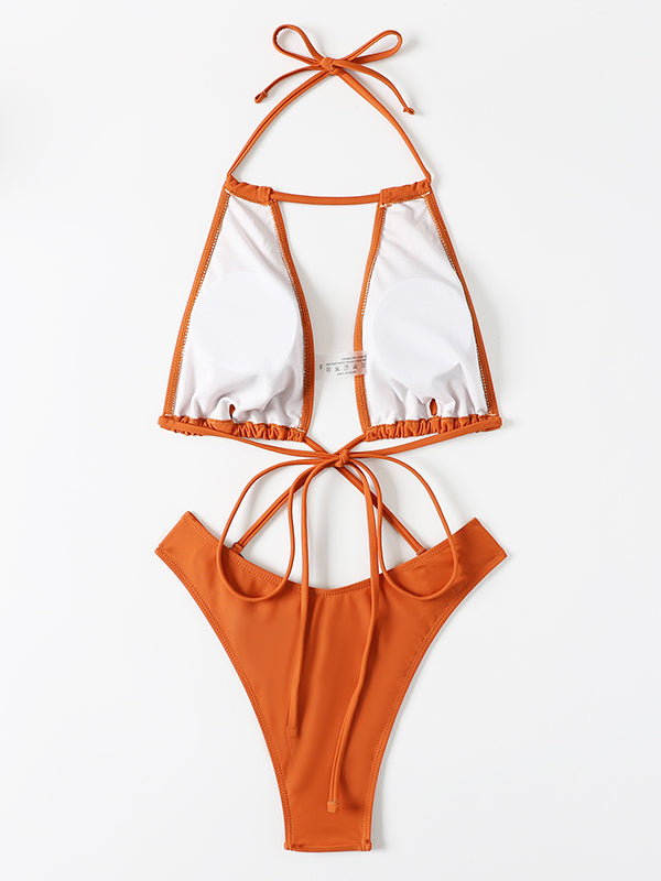 Brown Bandage Hollow Halterneck One-Piece Swimsuit