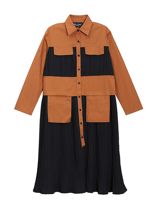 Original Pleated Split-Joint With Pocket Buttoned Lapel Collar Long Sleeves Midi Shirt Dress