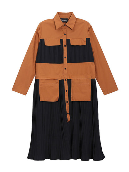 Original Pleated Split-Joint With Pocket Buttoned Lapel Collar Long Sleeves Midi Shirt Dress